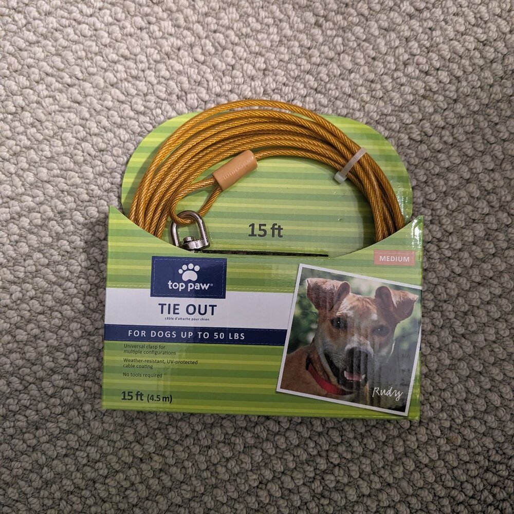 top paw dog tie out - 15 ft - orange - brand new - for dogs up to 50 lbs